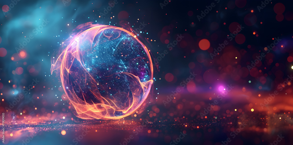 Abstract multicolored energy sphere made of particles and waves of magical glow on a dark background Abstract multicolored energy sphere made of particles and waves of magical glow on a dark background