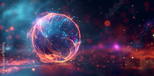 Abstract multicolored energy sphere made of particles and waves of magical glow on a dark background