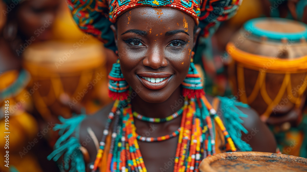 Radiant African Dancer Smiling with Traditional Beads and Drums Background