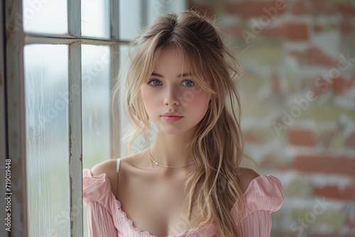 A girl with long hair and pink dress at home with loft design, body extensions, simple designs, text space