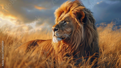 Great lion look left. Wildlife photography. Sunny day lighting.