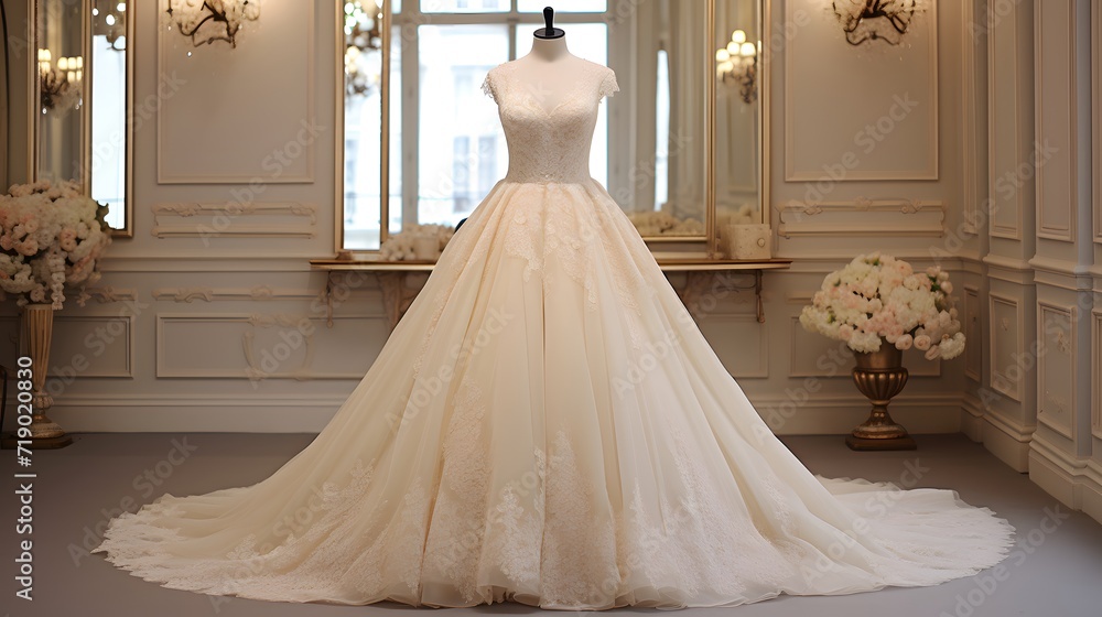 A beautiful wedding dress in a wedding salon A beautiful wedding dress in a wedding salon