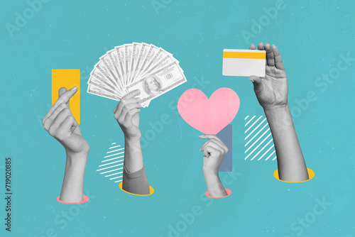 Composite collage image of hands hold money fan credit card heart gesture finance shop donate weird freak bizarre unusual fantasy billboard photo