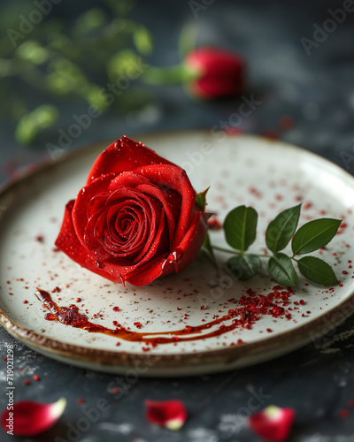 A red rose with petals and a gift on a plate, ready for a romantic Valentines day celebration. Elegant invitation or greeting card with copy space. Horizontal still life with no people. Symbol of love