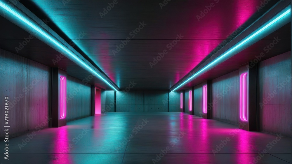 Empty concrete underground futuristic tunnel, neon light, garage.  generative, AI.