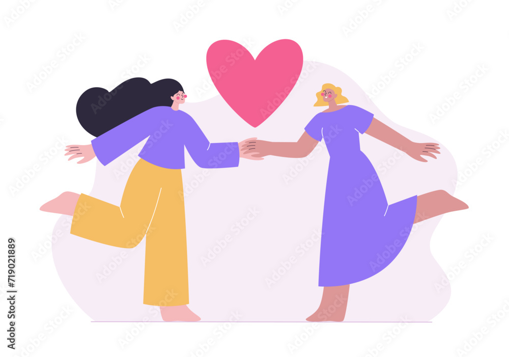 LGBTQ romantic couple. Happy lesbian couple in love holding hands. Valentine's day vector illustration LGBTQ romantic couple. Happy lesbian couple in love holding hands. Valentine's day vector illustration