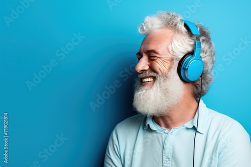 Portrait of an old man with headphones on a blue background. Music Streaming Service Concept with Copy Space.
