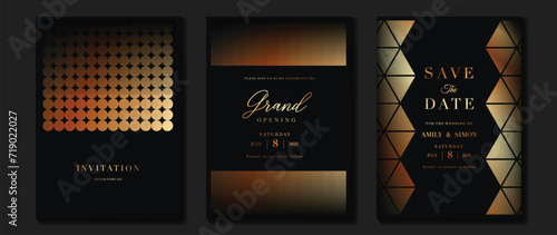 Luxury invitation card background vector. Golden elegant geometric shape pattern on dark background. Premium design illustration for gala card, grand opening, party invitation, wedding.