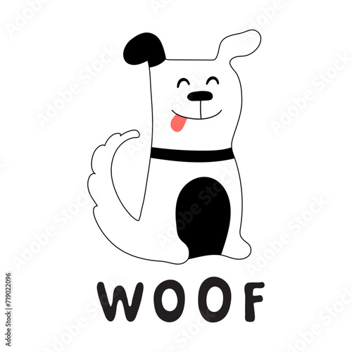 Illustration for kid with dog, text Woof. Cute design background, baby clothes, room birthday decor, t-shirt print, wear fashion, invitation card