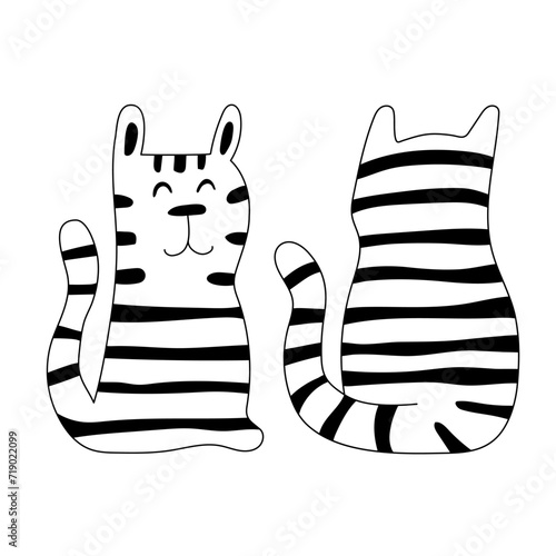 Illustration for kid with striped cat, front and back side. Cute design background, baby clothes, room birthday decor, t-shirt print, wear fashion, invitation card