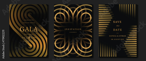 Luxury invitation card background vector. Golden elegant geometric shape, gold lines gradient on dark background. Premium design illustration for gala card, grand opening, party invitation, wedding.