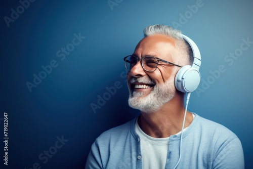 Portrait of an old man with headphones on a blue background. Music Streaming Service Concept with Copy Space.