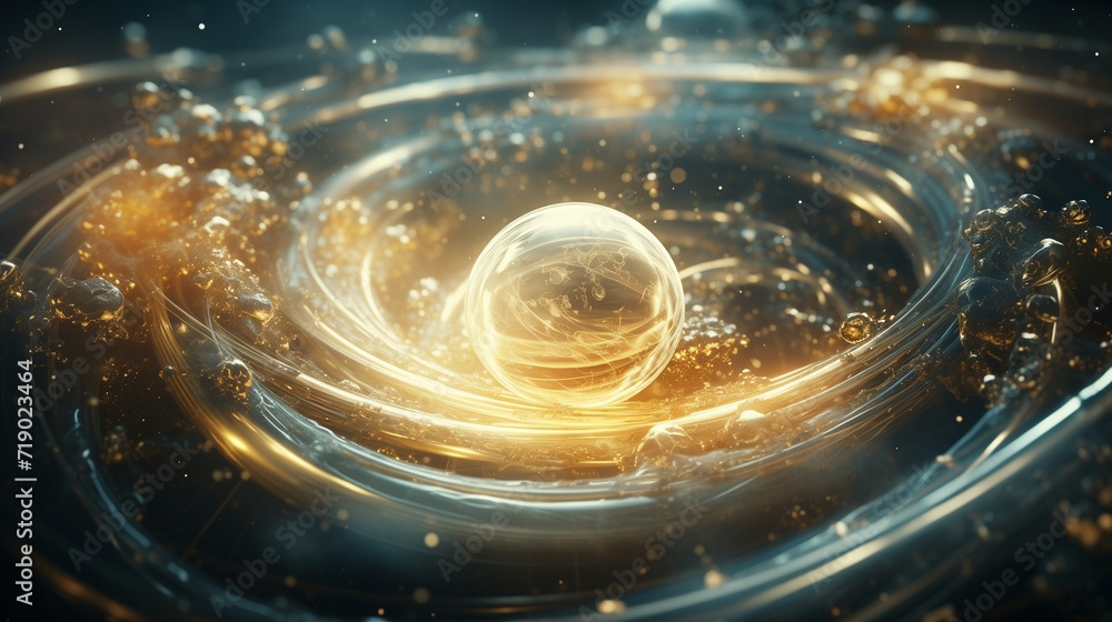 Spherical object with swirling golden liquid and particles Spherical object with swirling golden liquid and particles