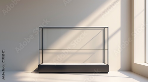 Blank glass display case mockup photo