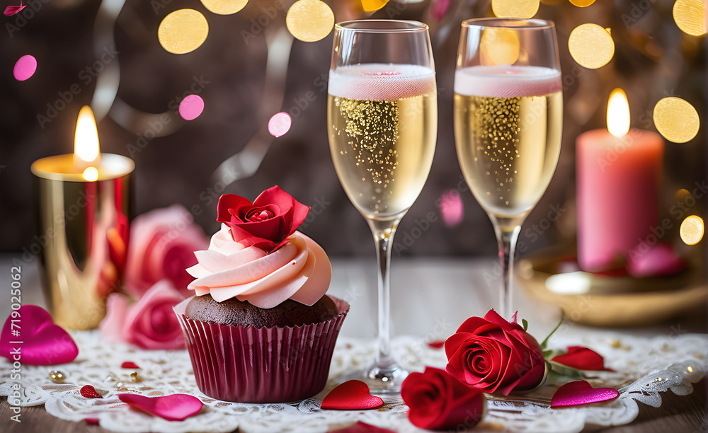 Valentine's Day concept. Two glasses of champagne, cupcakes and roses Generative AI Valentine's Day concept. Two glasses of champagne, cupcakes and roses Generative AI