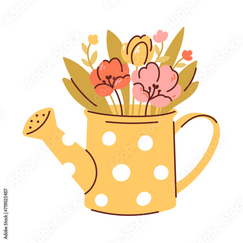 Cute yellow vintage watering can. Garden tools. Beautiful vector illustration in flat style with pastel colors. For stickers  planners  textile design.
