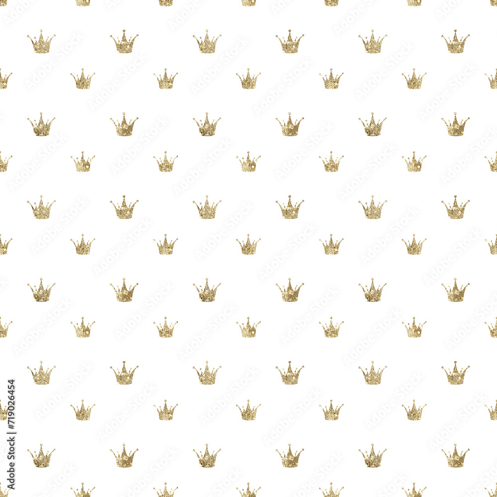 Glamour seamless pattern with tiny gold crowns.Luxury festive geometric background.
