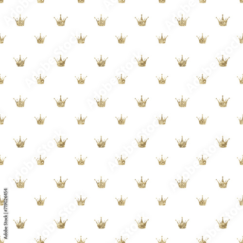 Glamour seamless pattern with tiny gold crowns.Luxury festive geometric background.