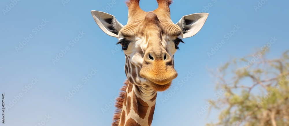 Close up of female Southern giraffe Giraffa giraffa angolensis against a blue sky looking down at the camera.