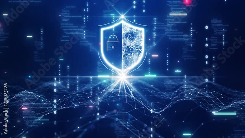 Cyber security technology concept shield protection connection big data abstract binary code dark blue background