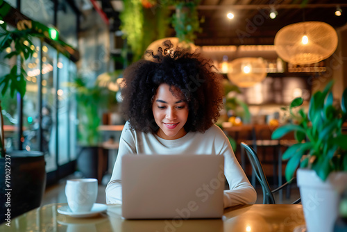Young Afro-descendant woman working on her laptop in a coffee shop. Dressed in modern clothes, she creates a visual harmony with her surroundings.