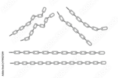 Free metal chain with whole or break steel chrome links. Collection of seamless metal chains colored silver. Vector