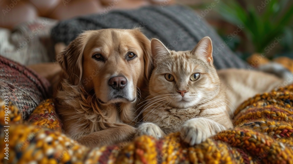 Naklejka premium cat and puppy sleeping on the sofa