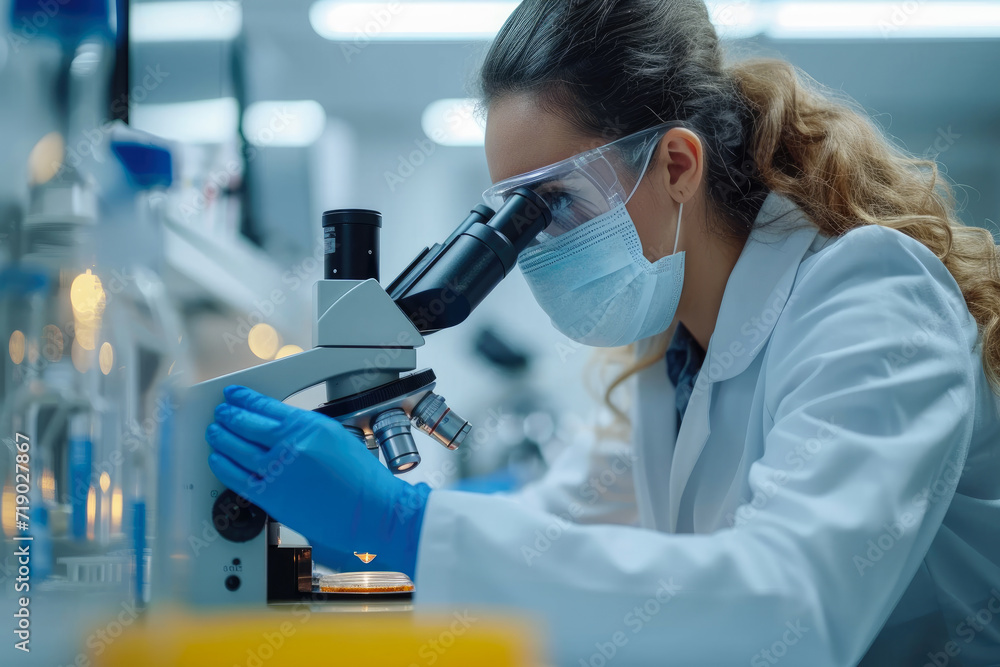 Female Scientist in Face Mask and Glasses Looking a Petri Dish with Genetically Modified Sample Chemicals Under a Microscope. Microbiologist Working in Modern Laboratory with Technological Equipment. Female Scientist in Face Mask and Glasses Looking a Petri Dish with Genetically Modified Sample Chemicals Under a Microscope. Microbiologist Working in Modern Laboratory with Technological Equipment.