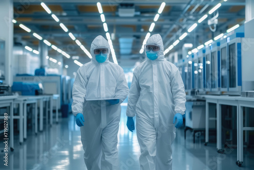 Two Engineers/ Scientists in Hazmat Sterile Suits Walking Through Technologically Advanced Factory/ Laboratory. Clean High-Tech Environment with CNC Machinery. photo