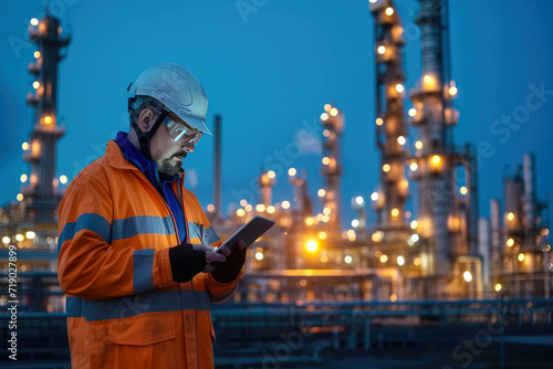 Engineer wearing safety uniform and helmet looking at tablet in hand In the background is the largest oil refinery, with beautiful evening sunlight.