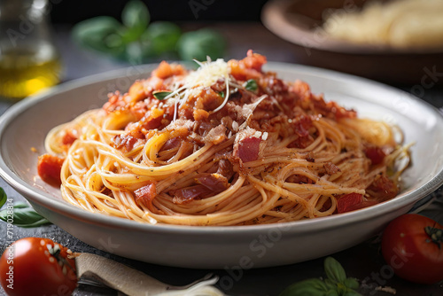 Indulge in the rich flavors of Spaghetti alla Amatriciana  featuring savory pancetta bacon  ripe tomatoes  and the perfect touch of pecorino cheese. A taste of  culinary perfection.