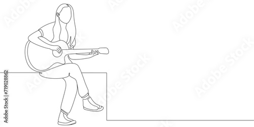 line art drawing girl playing acoustic guitar vector illustration hand drawn minimalist design music theme. line art style woman with a guitar. Vector stock illustration.