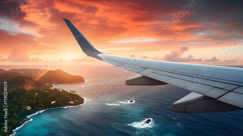 Airplane wing flying plane jet over tropical islands in ocean, view from window at sunset Airplane wing flying plane jet over tropical islands in ocean, view from window at sunset