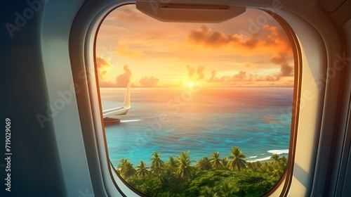Airplane wing flying plane jet over tropical islands in ocean, view from window at sunset Airplane wing flying plane jet over tropical islands in ocean, view from window at sunset