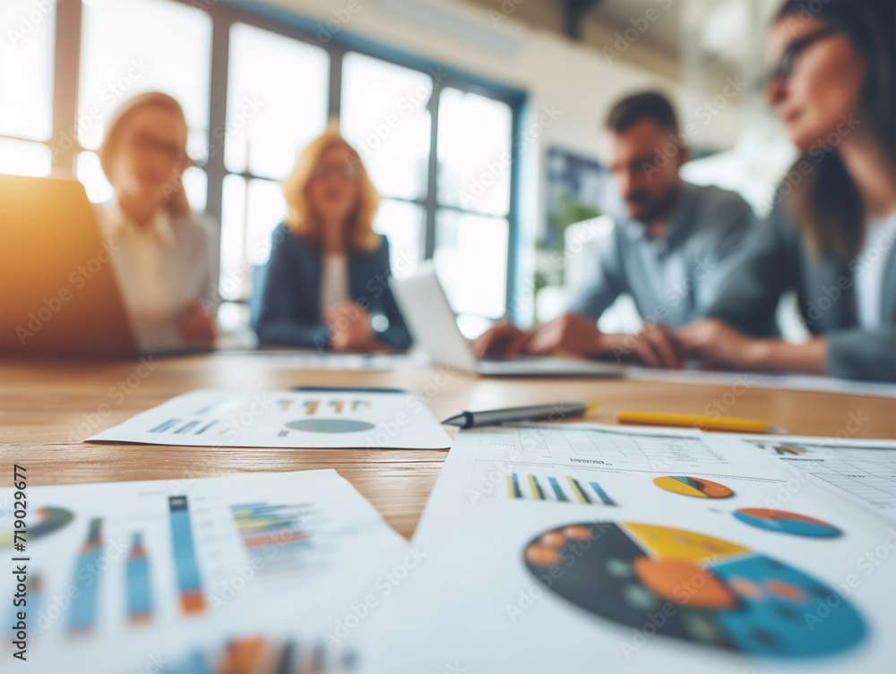 Brainstorming Session at the Desk. Creative Team in the Office. People Sit Together at Desk and Analyse Colourful Charts and Data. Brainstorming Session at the Desk. Creative Team in the Office. People Sit Together at Desk and Analyse Colourful Charts and Data.
