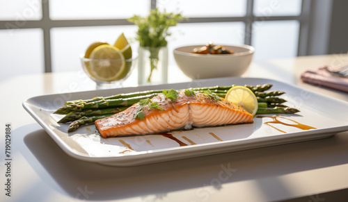 maple glazed salmon served on a plain white rectangular plate with a drizzle of balsamic reduction and fresh asparagus on the site
