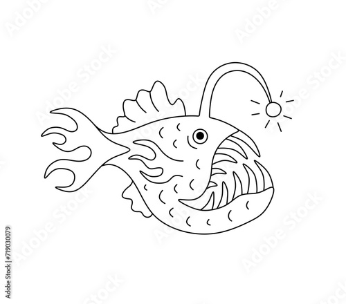 Vector isolated one single angler or common monkfish fish with flashlight on head colorless black and white contour line easy drawing