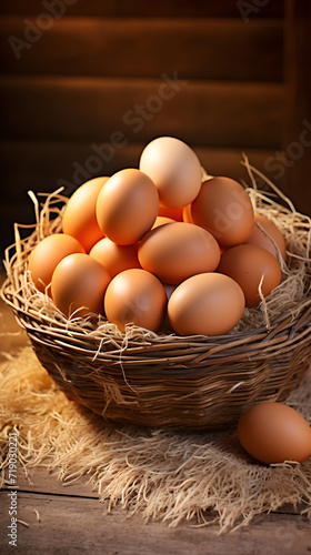 Rustic and Organic Countryside Basket of Freshly Picked Brown Eggs