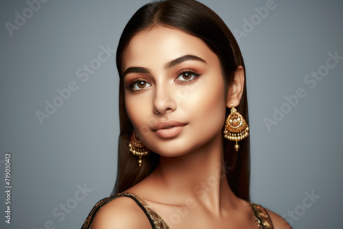 Portrait of beautiful indian girl. Young hindu woman model in sari and kundan jewelry