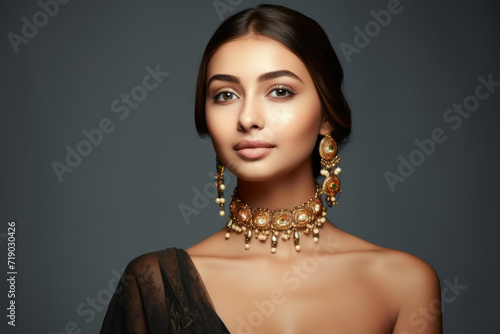 Portrait of beautiful indian girl. Young hindu woman model in sari and kundan jewelry