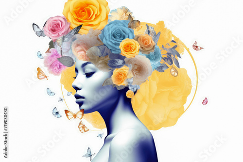 Female portrait with flowers in her head. Creative background with stylish woman. Fashion portrait. Summer style © olgakudryashova