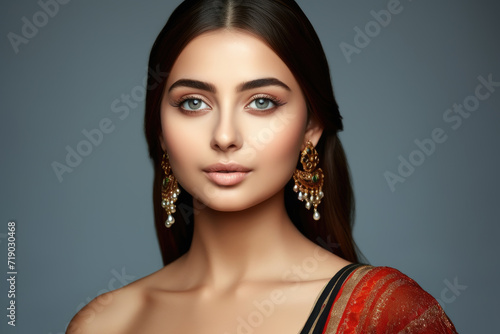 Portrait of beautiful indian girl. Young hindu woman model in sari and kundan jewelry photo