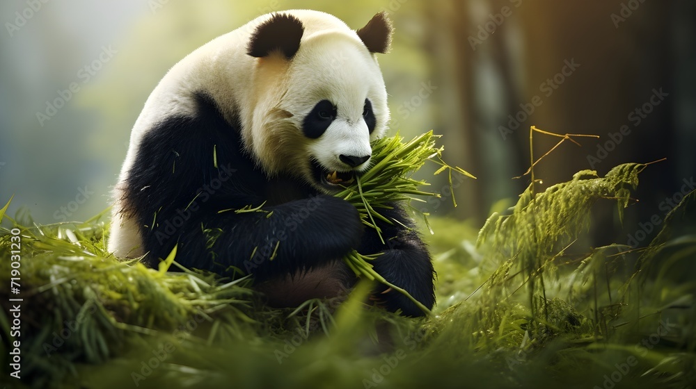 Fototapeta premium Panda in forest sitting and eating bamboo leaf.