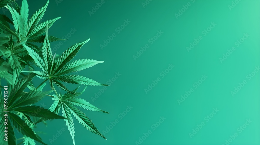 Cannabis leaf on green light background. Space for copy text. Cannabis leaf on green light background. Space for copy text.