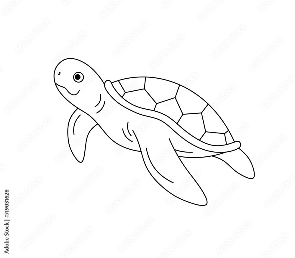 Fototapeta premium Vector isolated one single cute cartoon smiling happy sea turtle side view colorless black and white contour line easy drawing 