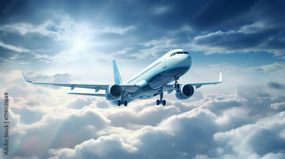 The plane flies high in the sky in the clouds. Ai generated. The plane flies high in the sky in the clouds. Ai generated.