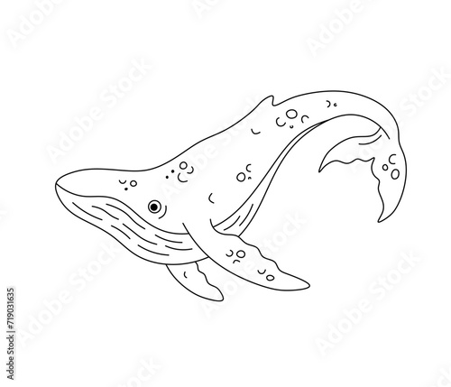 Vector isolated one single cute cartoon smiling happy whale side view colorless black and white contour line easy drawing	