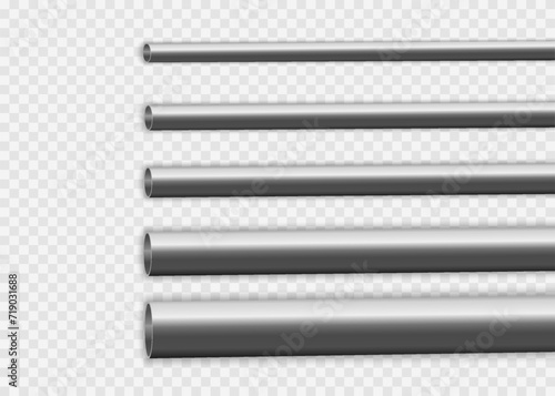 Aluminum pipes stack, straight steel, copper, metal or pvc plumbing cylinders on background. Industrial pieces of pipelines for conduit, factory or construction works. Steel tubes vector design