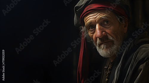Portraits of old man in 1400s century. Close up shot. on black background. photo