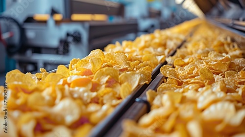 Production line of potato chips at the plant that fills snack and potato chip machines  space  Generative AI.